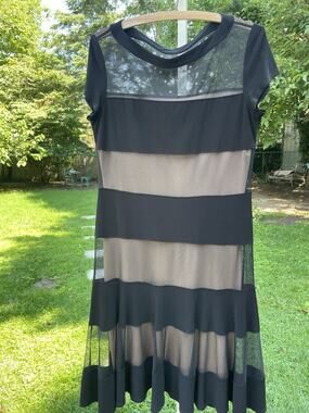 Joseph Ribkoff Dress 10 Black With Tan Lining See through Panels Cap Sleeve